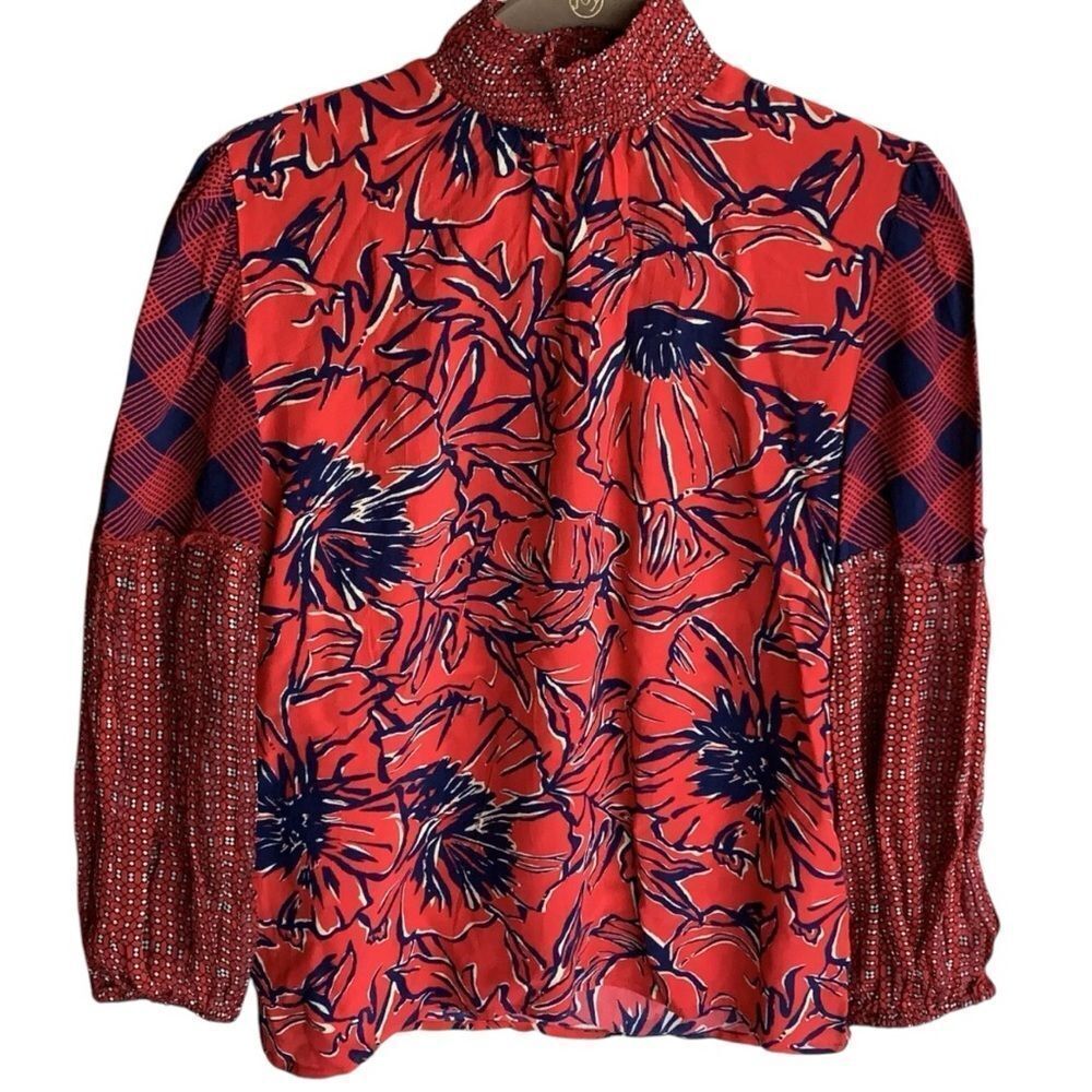 ANTHROPOLOGIE BL^NK Blank VIVANT Peasant Red I Navy‎ BLOUSE I Size XS Boho Artsy
